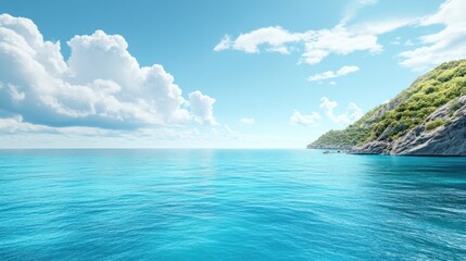 Fototapeta premium Ocean view, sunny coast, green cliffs, blue sky, summer travel