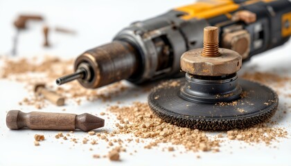Close up drill scene of a used drill machine the parts are scattered, with a white background, creating a sense of visual balance on a clean background. The photograph is of an overhead shot of the
