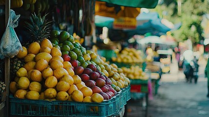 Vibrant fruit market scene showcasing a variety of fresh produce with people browsing in the background