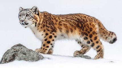 Snow leopard gracefully navigating rocky terrain in a snowy landscape, showcasing its natural beauty