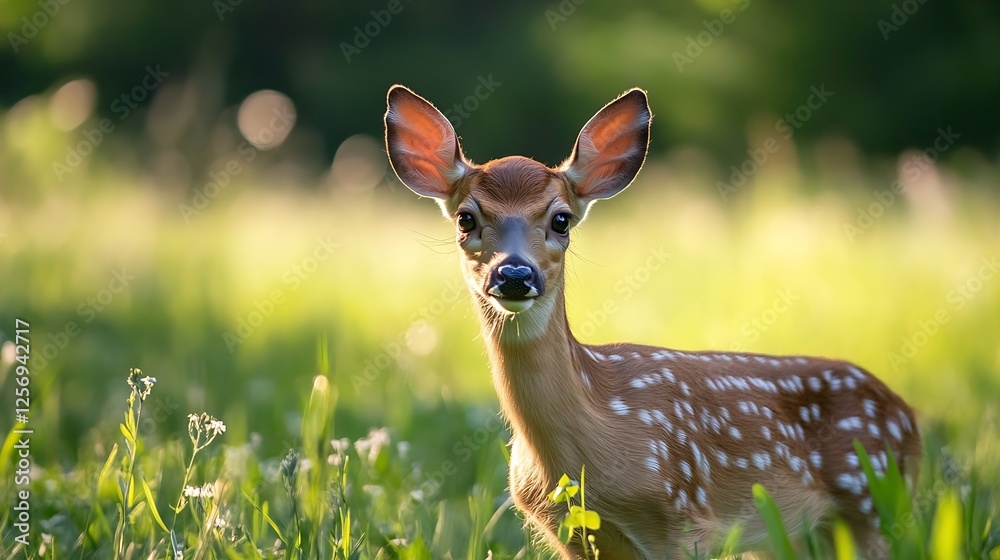 Poster majestic young deer captured in a lush green field under soft sunlight creating a serene view : gene