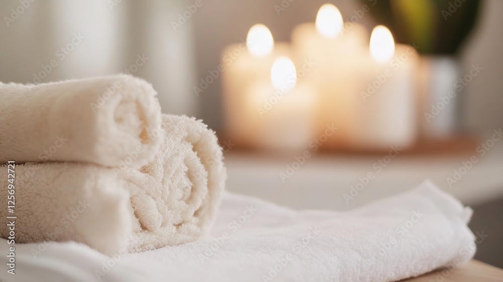 Poster luxurious soft towels neatly arranged with glowing candles creating a serene spa atmosphere : genera