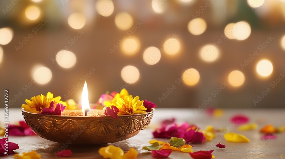 Poster beautiful traditional oil lamp surrounded by colorful flower petals creating a stunning light effect