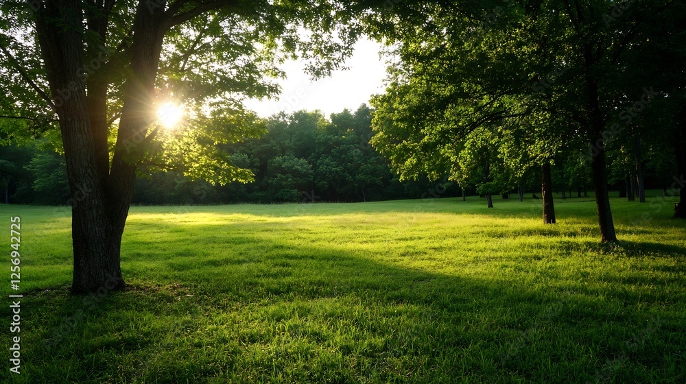 Aufkleber Sunlight filtering through trees in a lush green park creating a serene landscape : Generative AI