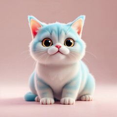 Obraz premium Cute Adorable Pastel Blue Colored Kitten in Plastic Shiny Style with Warm Lighting and Gentle Soft Pink Background Plastic Shiny Style and Gentle Blue Background. The Kitten is a Plastic Shiny Style