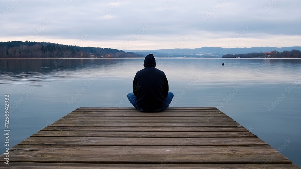Poster tranquil sitting by the calm lake with a scenic view : generative ai
