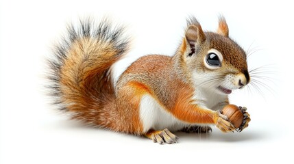 A playful squirrel holding an acorn, set against a clean white background, showcasing its vibrant fur