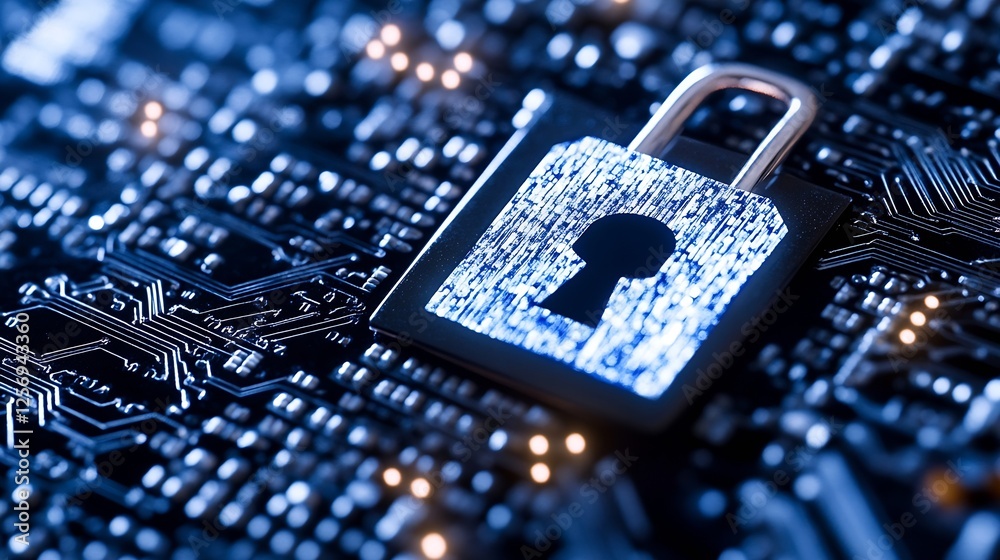 Poster Hightech padlock on a circuit board representing digital security and protection : Generative AI