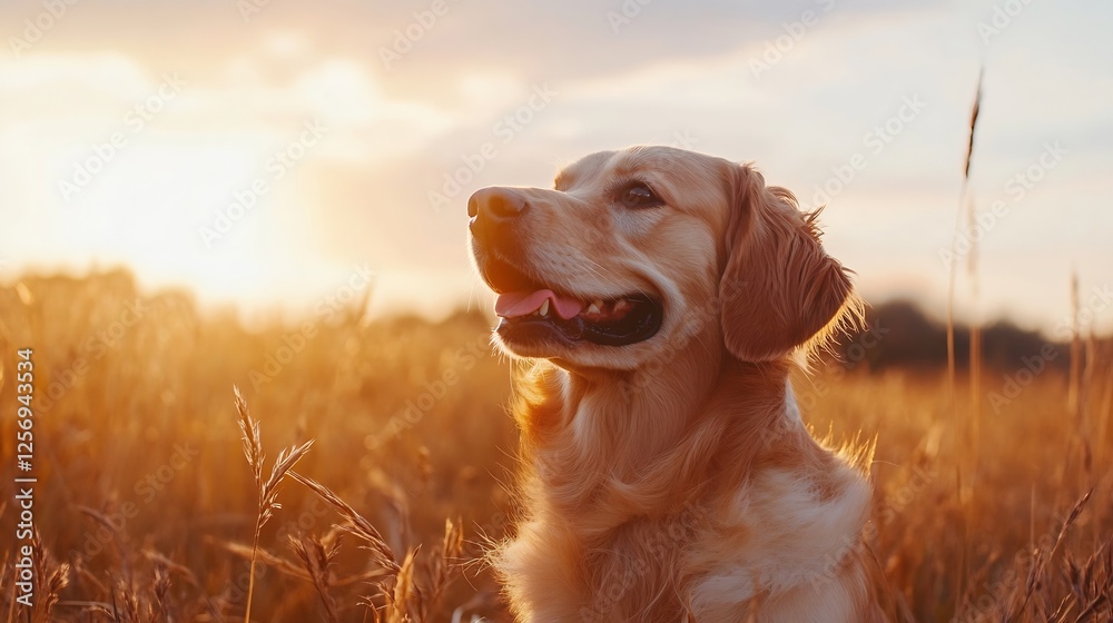 Aufkleber Golden retriever enjoying a sunny day in a field with blooming grass and colorful skies : Generative AI