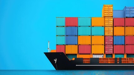 Fototapeta premium A vibrant cargo ship loaded with colorful containers sails against a bright blue sea, showcasing maritime trade and shipping.