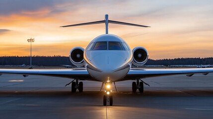 Private jet parked on the tarmac at sunset showcasing luxury travel and aviation technology : Generative AI