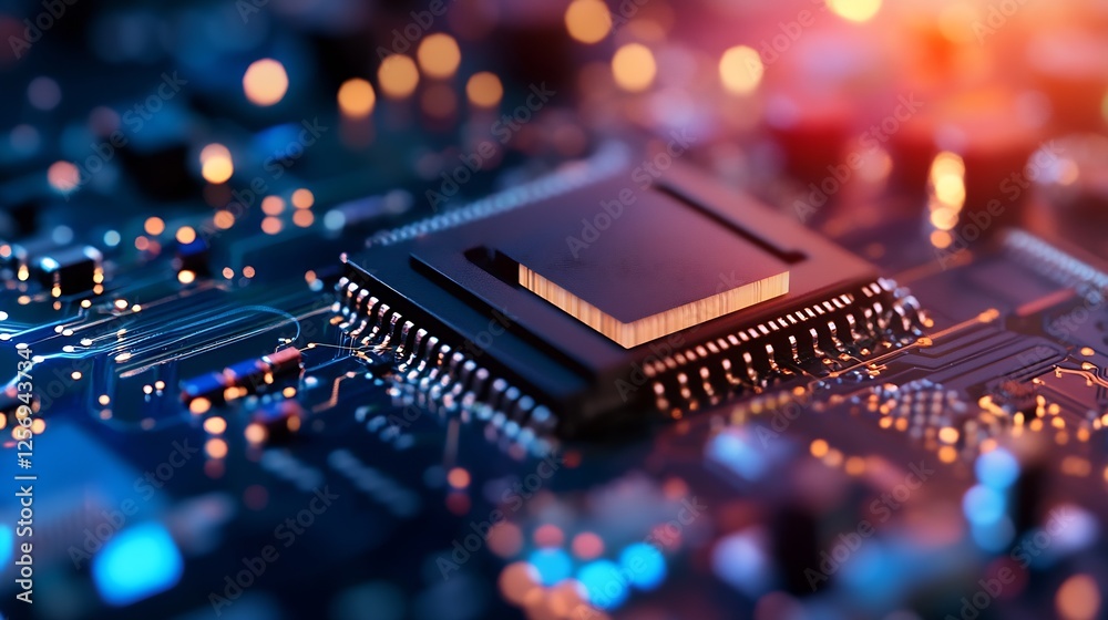 Poster Hightech microprocessor on printed circuit board surrounded by glowing electronic components : Generative AI