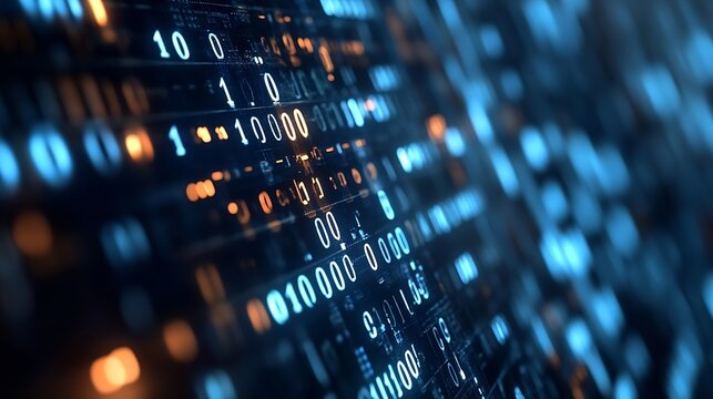 Closeup of binary code streams glowing on a digital screen representing data technology : Generative AI