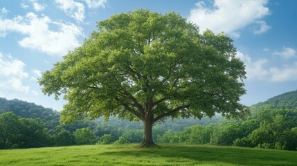 Obraz premium Majestic Green Tree on Hill with Blue Sky and White Clouds