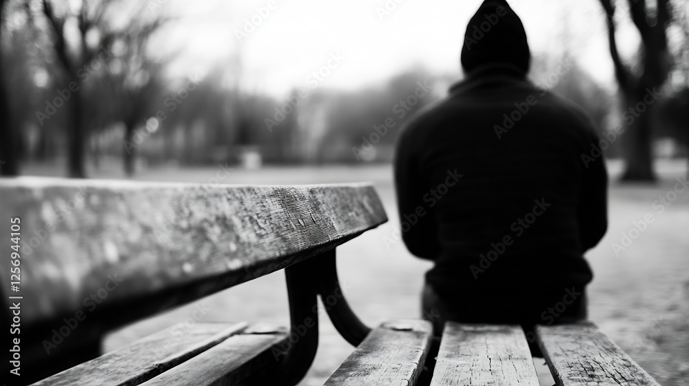 Poster lonely figure sitting on a weathered park bench reflecting in a peaceful black and white setting : g