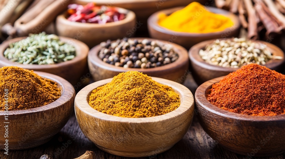 Poster colorful assortment of aromatic spices in wooden bowls creating a vibrant culinary display : generat
