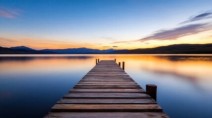 Obraz premium Tranquil sunset view over calm lake from wooden dock surrounded by mountains : Generative AI