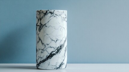 Cylindrical marble vase on a white surface against a light blue background.  Possible use Interior design inspiration