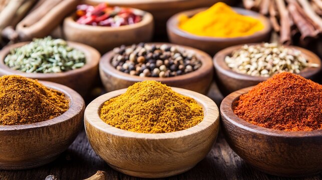 Colorful assortment of aromatic spices in wooden bowls creating a vibrant culinary display : Generative AI