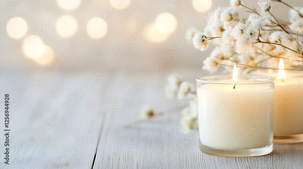 Poster elegant candles lit on a wooden table surrounded by delicate flowers and soft bokeh lights : generat