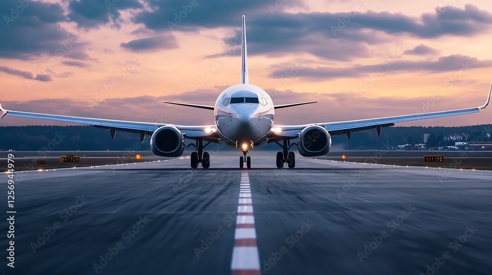 Poster impressive closeup of a modern aircraft preparing for takeoff during a colorful sunset : generative 