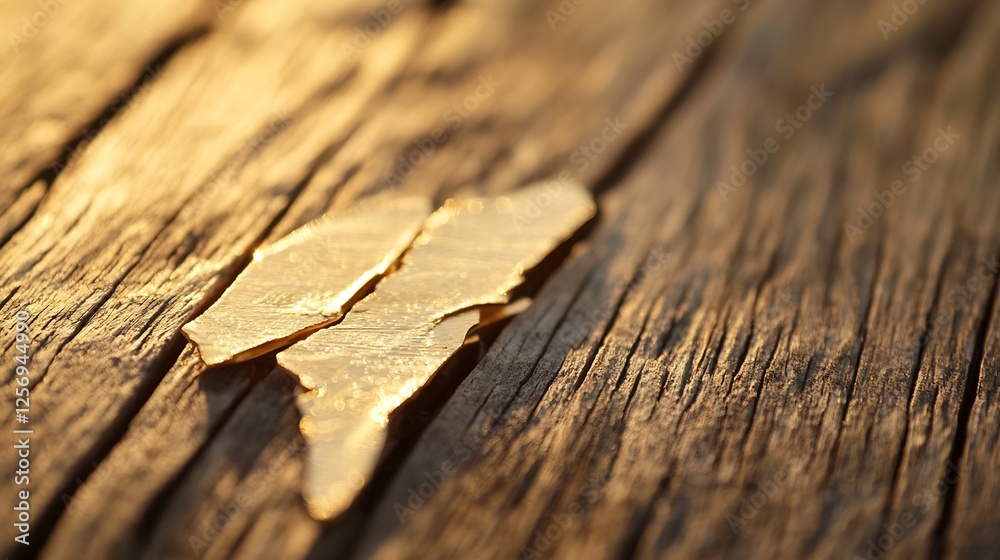 Poster Closeup view of shiny gold flakes resting on a rustic wooden surface showcasing texture : Generative AI