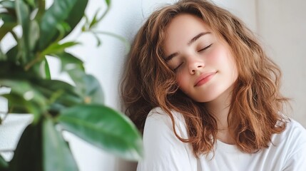 Fototapeta premium Young woman relaxing with a peaceful expression while sitting by a green plant : Generative AI