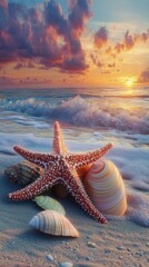 Fototapeta na wymiar Seashells and Starfish on the Beach at Sunset