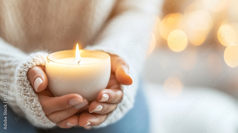 Leinwandbilder person holding a lit candle in cozy setting creating a warm and inviting atmosphere with glowing lig