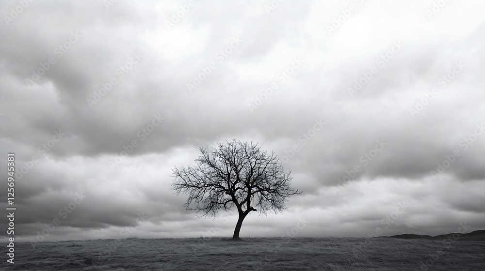 Aufkleber Lonely bare tree standing alone in an open field under a dramatic cloudy sky : Generative AI