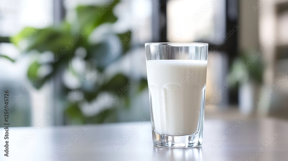 Poster refreshing glass of milk set on a table with soft focus background suggesting a healthy lifestyle : 