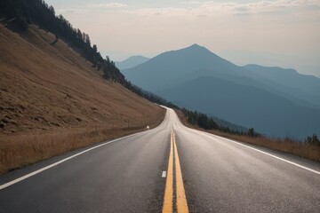 Fototapeta premium a winding road leads into the serene mountain landscape