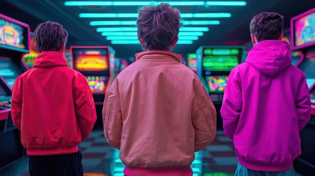 Three kids in vibrant hoodies gaze at retro arcade machines, illuminated by neon lights in a nostalgic gaming atmosphere.