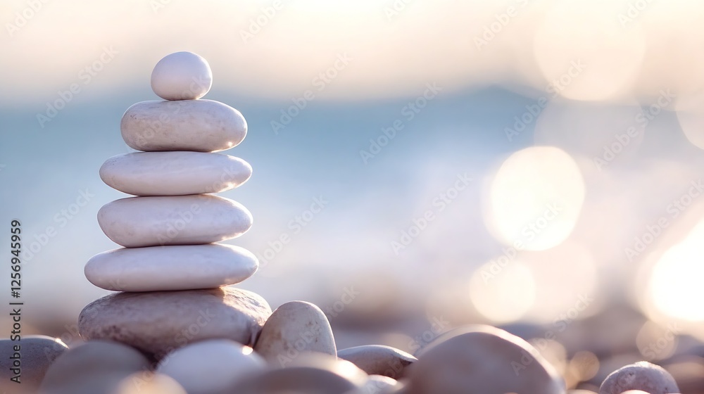 Poster A balanced stack of smooth stones symbolizing tranquility and calmness by the shoreline : Generative AI