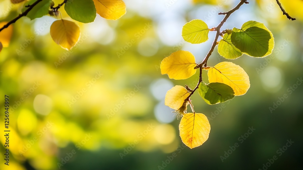 Aufkleber beautiful close up of vibrant green and yellow leaves on a branch with soft sunlight in the backgrou