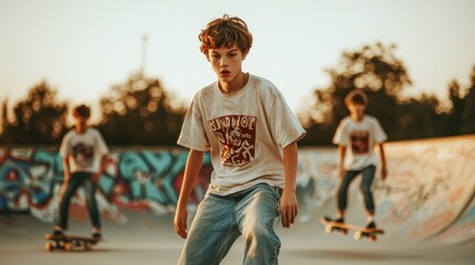 Obraz premium A young skater performs tricks in a skatepark during sunset, capturing the thrill of skateboarding against a colorful graffiti backdrop.