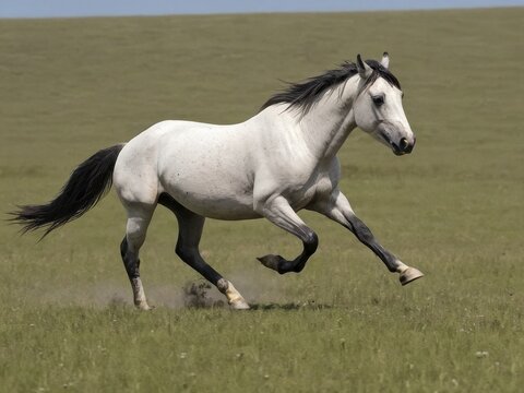  A majestic white horse galloping gracefully across a lush green field