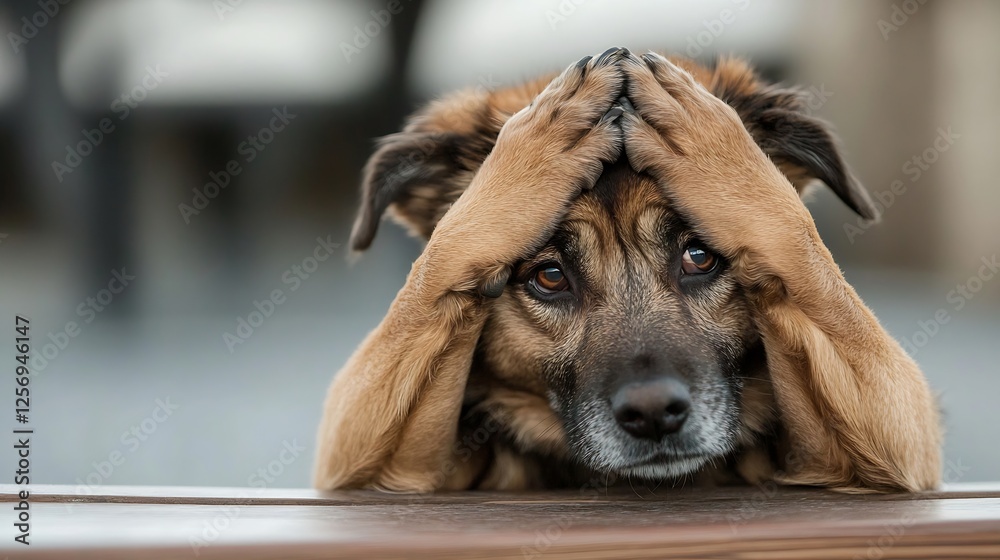 Poster a worried dog with its paws on its head expressing confusion or distress in a playful manner : gener