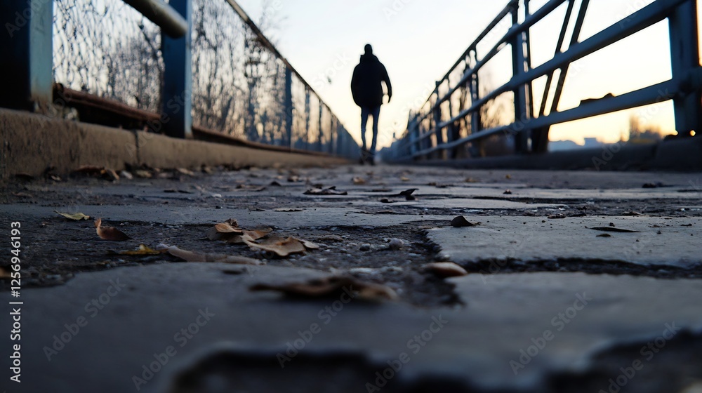 Poster Silhouette of a solitary figure walking along a cobblestone path adorned with autumn leaves : Generative AI