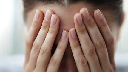 Close up of a woman covering her face with hands showing feelings of stress or anxiety : Generative AI