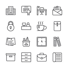 A set of office icons including a clock, a briefcase, a desk, a computer