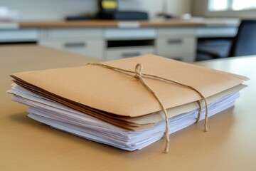 Fototapeta premium Stack of Document Folders Tied with Twine on a Wooden Table