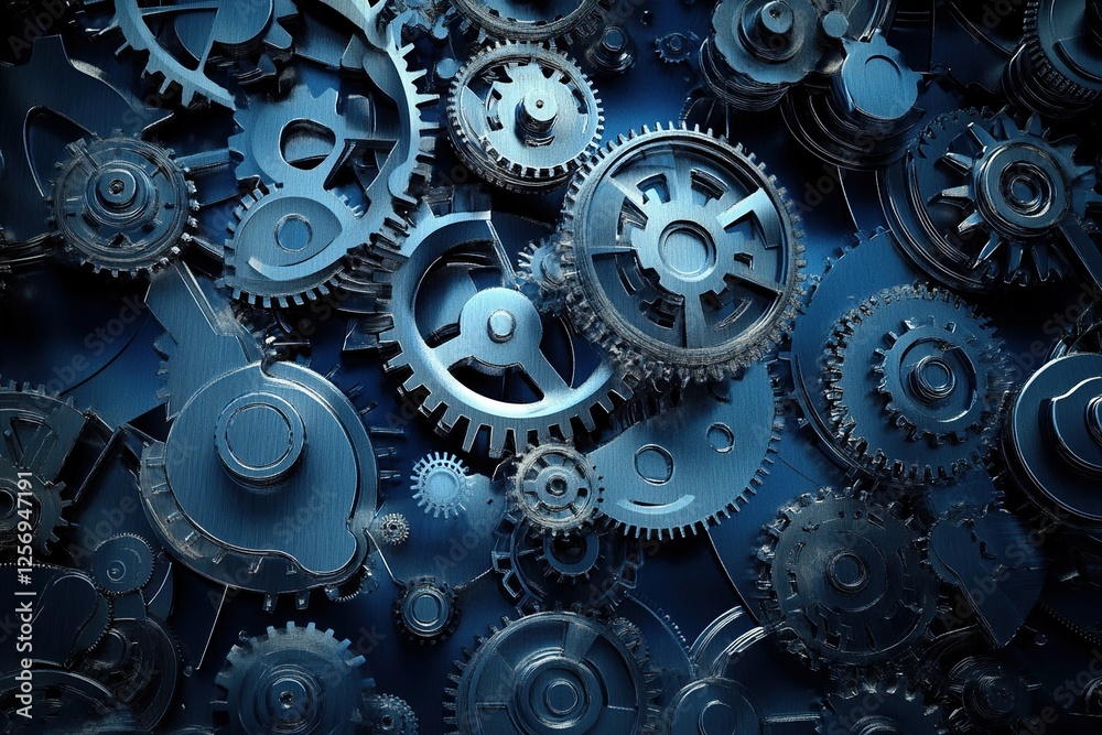 Poster complex interlocking gears: precision machine components working in perfect harmony, illustrating me