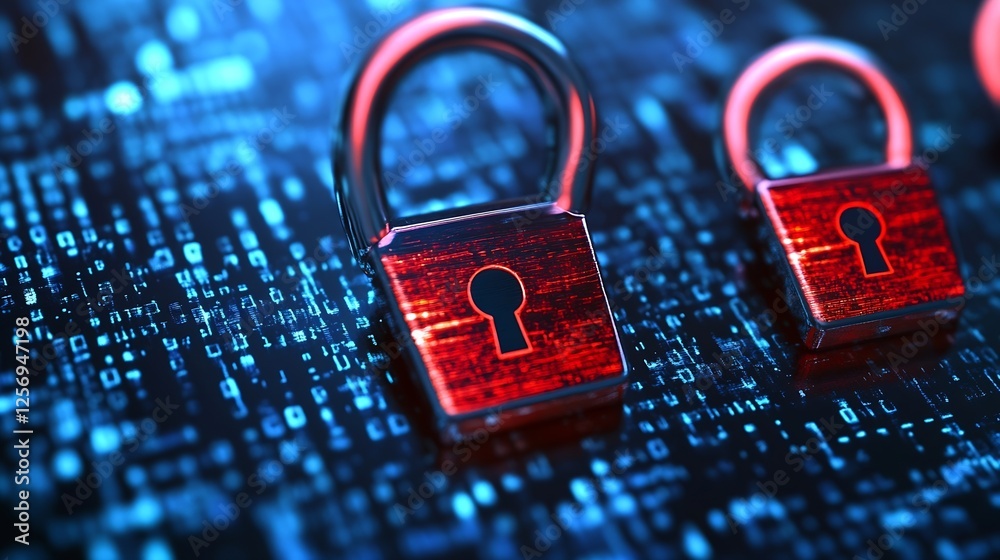 Leinwandbilder Stylish representation of multiple padlocks over binary data reflecting advanced data protection technologies : Generative AI