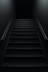 Fototapeta premium A black staircase with a handrail, a minimalistic dark background, a low angle, a front view, a symmetrical composition, soft lighting, and hyperrealism.