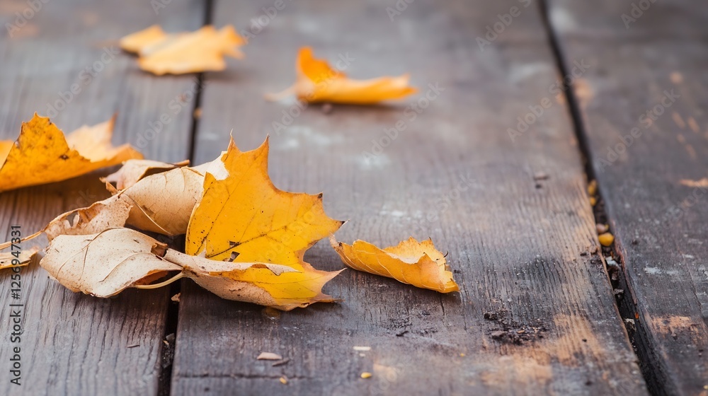 Aufkleber fallen yellow leaves scattered on a rustic wooden surface creating an autumn ambiance : generative a