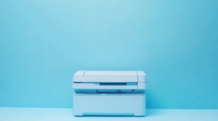 White printer on blue background, office setup