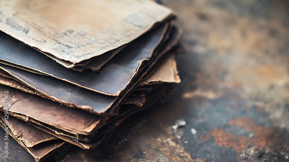 Poster Stack of old weathered leather and paper pages creating a rustic background texture : Generative AI