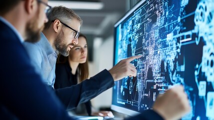 Group of Professionals Collaborating Over Digital Maps and Data Analytics on a Computer Screen : Generative AI