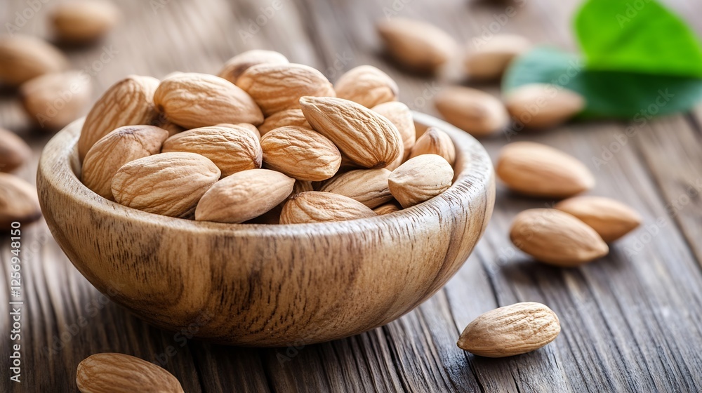 Poster close up of raw almonds displayed in a wooden bowl on a rustic surface ideal for healthy food shots 